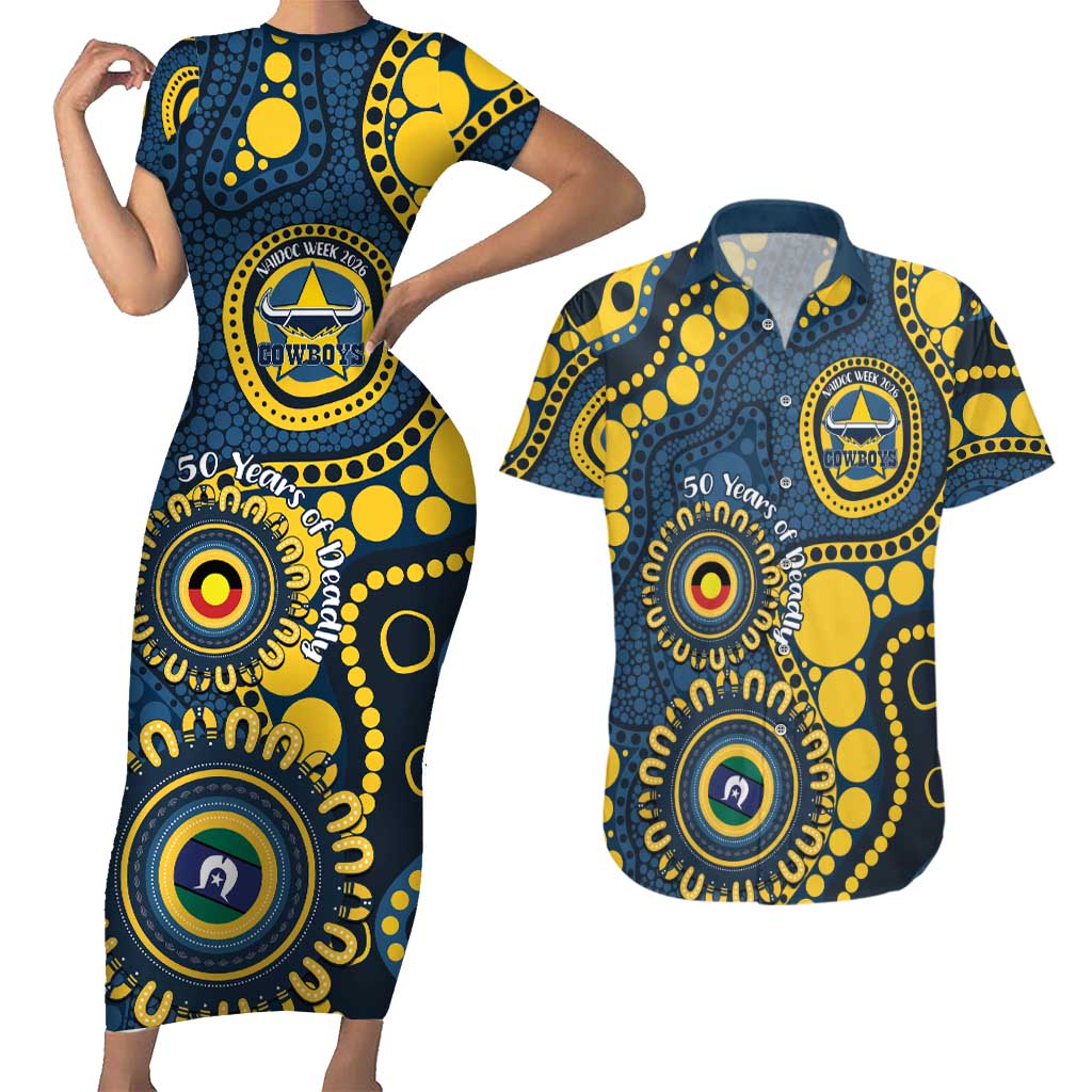 Cowboys NAIDOC Week 2026 Personalised Couples Matching Short Sleeve Bodycon Dress and Hawaiian Shirt 50 Years of Deadly Aboriginal Art