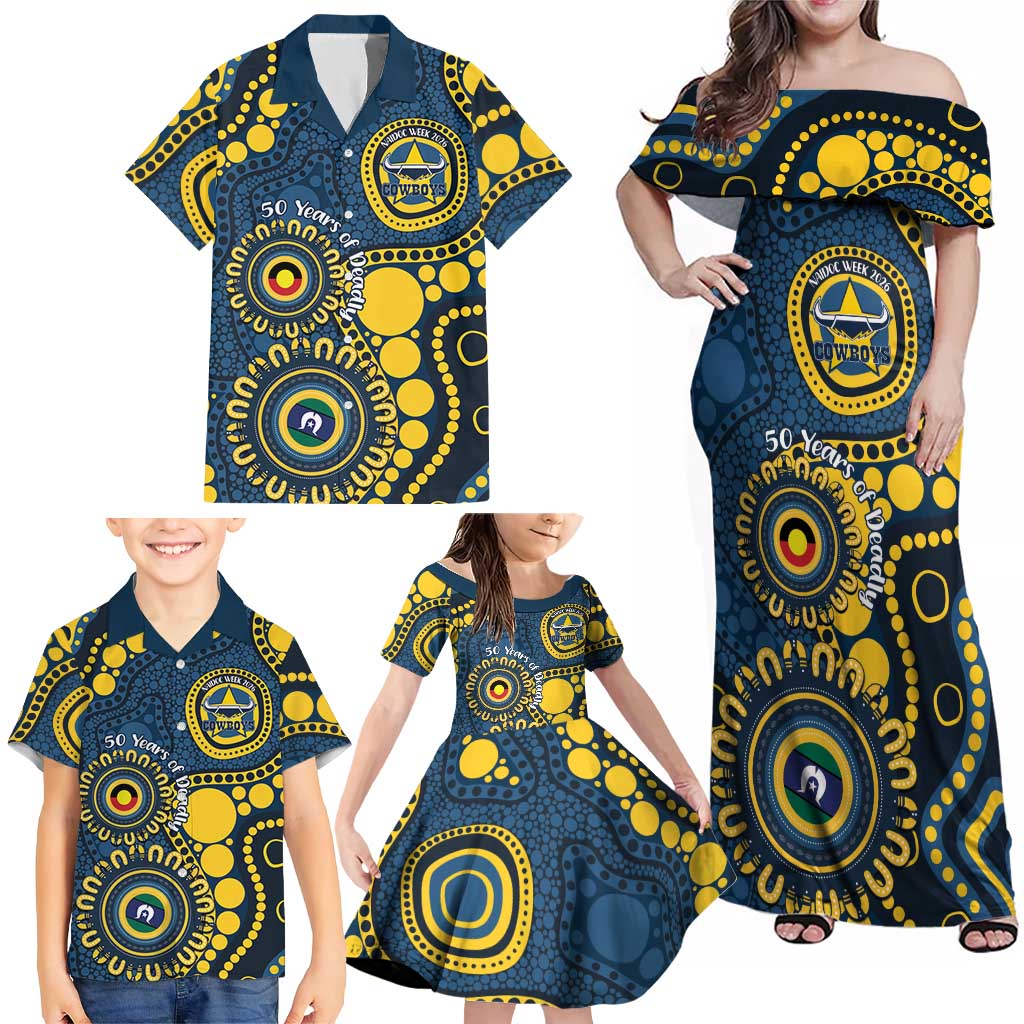Cowboys NAIDOC Week 2026 Personalised Family Matching Off Shoulder Maxi Dress and Hawaiian Shirt 50 Years of Deadly Aboriginal Art