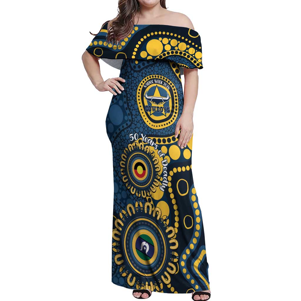 Cowboys NAIDOC Week 2026 Personalised Off Shoulder Maxi Dress 50 Years of Deadly Aboriginal Art