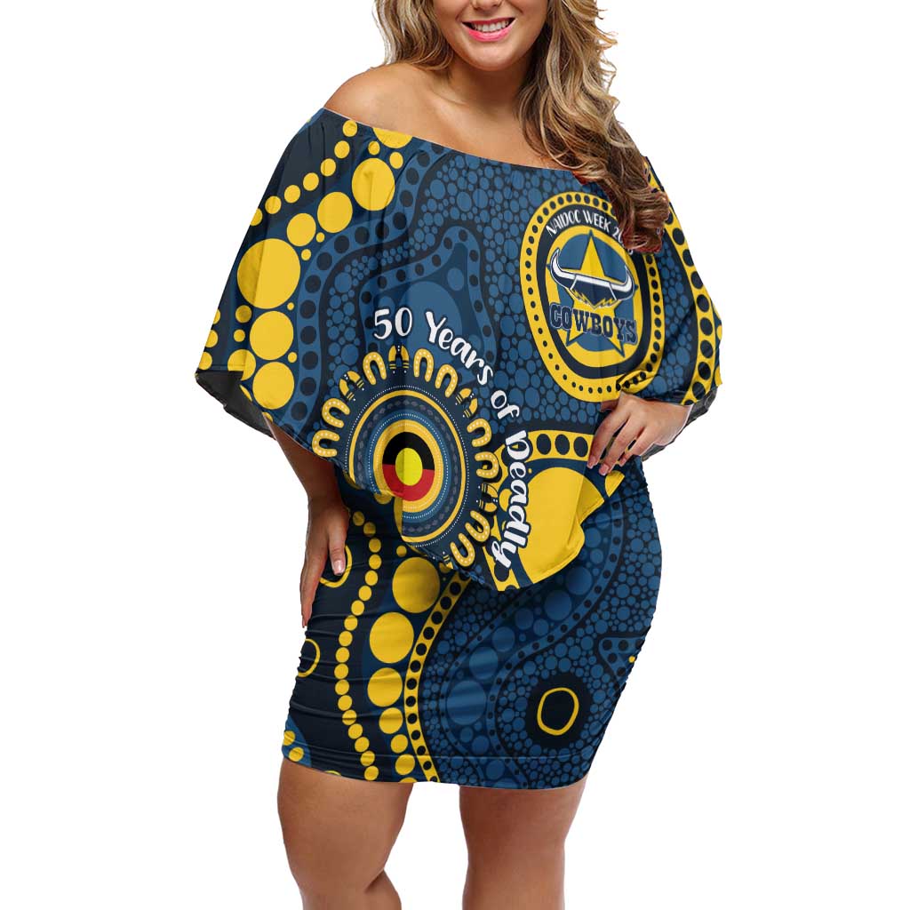 Cowboys NAIDOC Week 2026 Personalised Off Shoulder Short Dress 50 Years of Deadly Aboriginal Art