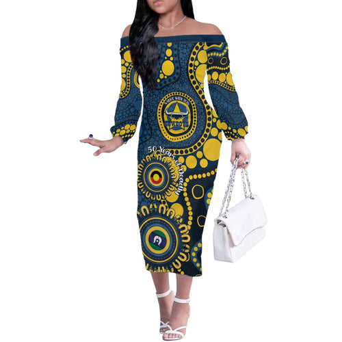Cowboys NAIDOC Week 2026 Personalised Off The Shoulder Long Sleeve Dress 50 Years of Deadly Aboriginal Art