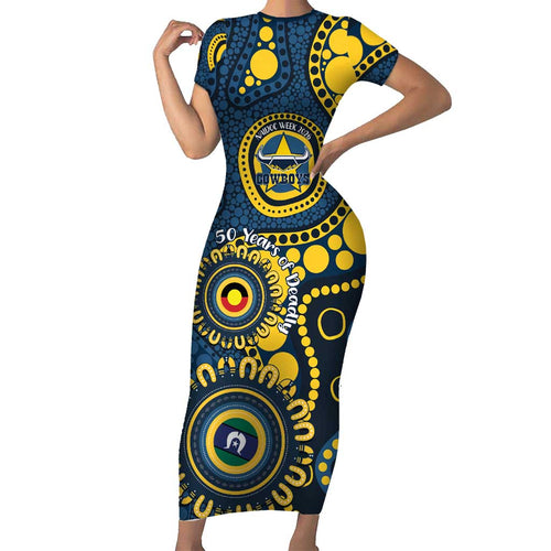 Cowboys NAIDOC Week 2026 Personalised Short Sleeve Bodycon Dress 50 Years of Deadly Aboriginal Art