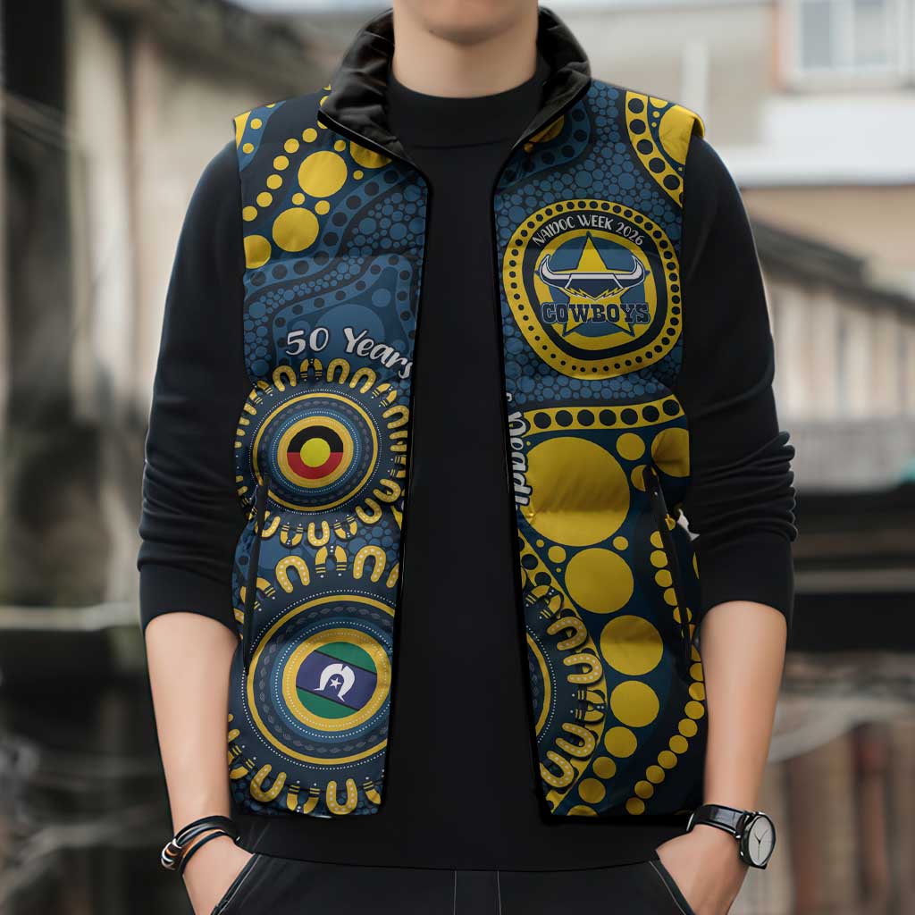 Cowboys NAIDOC Week 2026 Personalised Sleeveless Puffer Jacket 50 Years of Deadly Aboriginal Art