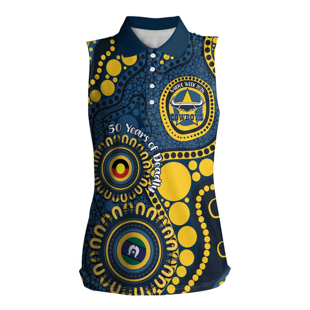 Cowboys NAIDOC Week 2026 Personalised Women Sleeveless Polo Shirt 50 Years of Deadly Aboriginal Art