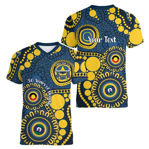 Cowboys NAIDOC Week 2026 Personalised Women V-Neck T-Shirt 50 Years of Deadly Aboriginal Art