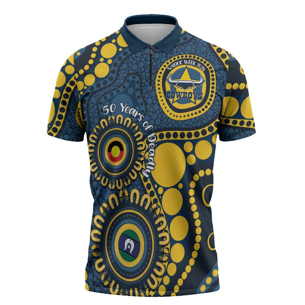 Cowboys NAIDOC Week 2026 Personalised Zipper Polo Shirt 50 Years of Deadly Aboriginal Art