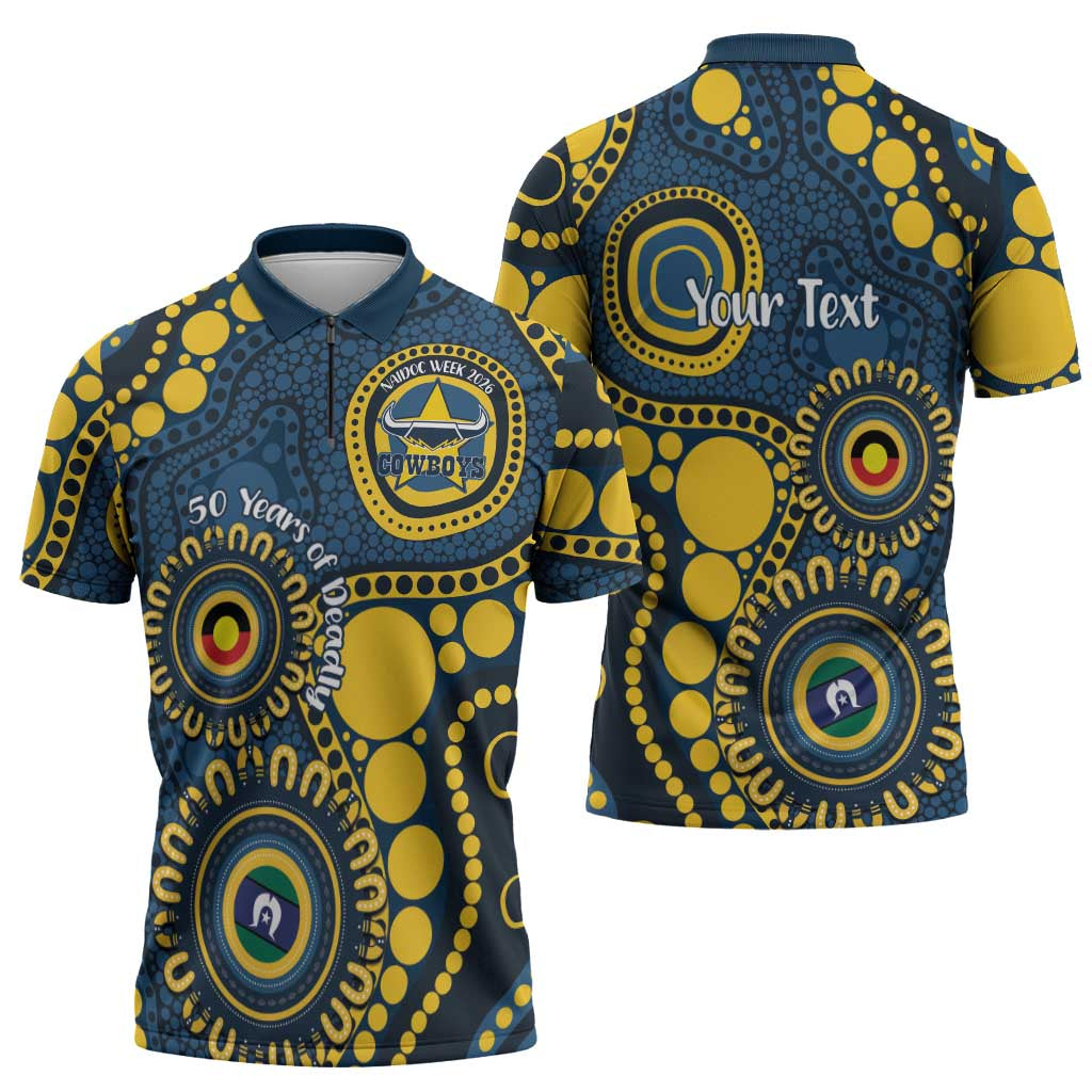 Cowboys NAIDOC Week 2026 Personalised Zipper Polo Shirt 50 Years of Deadly Aboriginal Art
