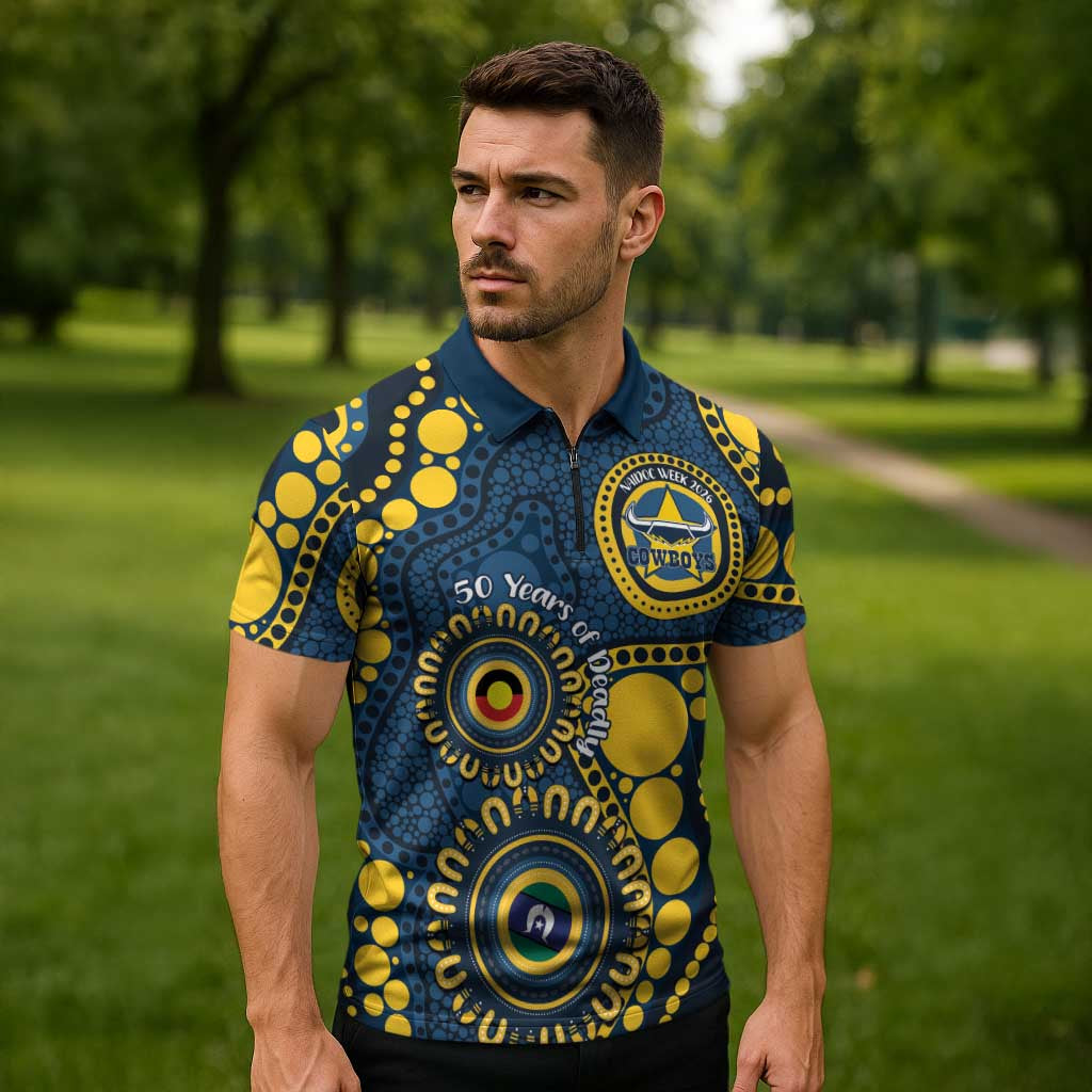 Cowboys NAIDOC Week 2026 Personalised Zipper Polo Shirt 50 Years of Deadly Aboriginal Art