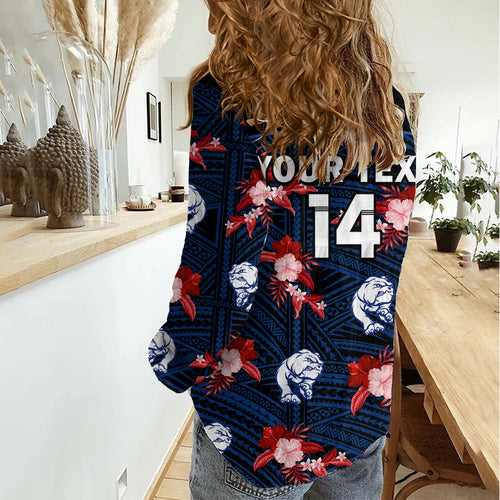 (Custom Text And Number) Western Bulldogs Football Women Casual Shirt Polynesian Tribal Mix Tropical Hawaiian Style LT14