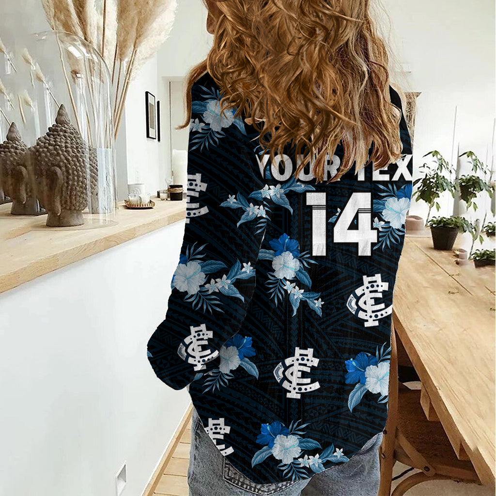 (Custom Text And Number) Carlton Football Women Casual Shirt Blues Polynesian Tribal Mix Tropical Hawaiian Style LT14