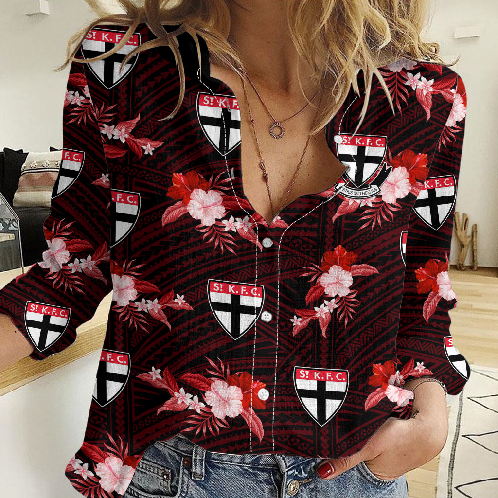 (Custom Text And Number) St Kilda Football Women Casual Shirt Saints Polynesian Tribal Mix Tropical Hawaiian Style LT14