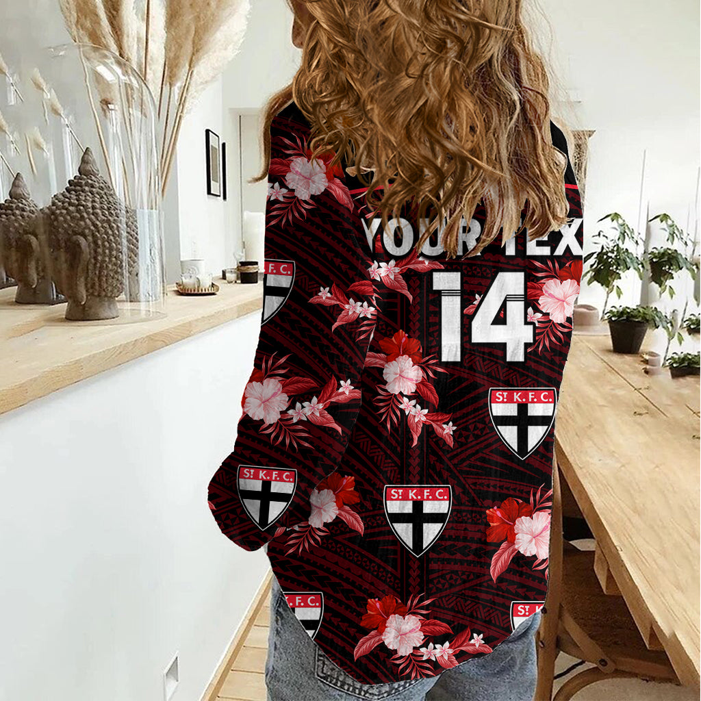 (Custom Text And Number) St Kilda Football Women Casual Shirt Saints Polynesian Tribal Mix Tropical Hawaiian Style LT14