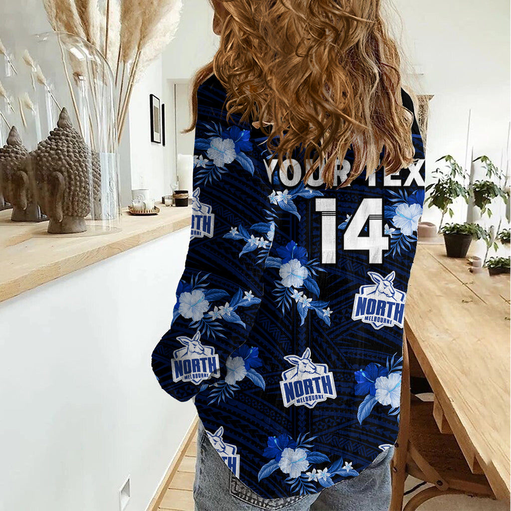 (Custom Text And Number) North Melbourne Football Women Casual Shirt Kangaroos Polynesian Tribal Mix Tropical Hawaiian Style LT14