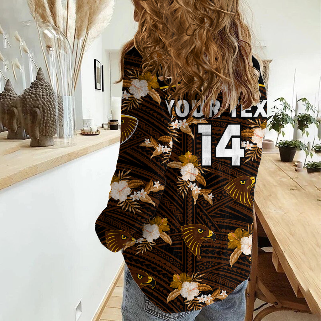 (Custom Text And Number) Hawthorn Football Women Casual Shirt Hawks Polynesian Tribal Mix Tropical Hawaiian Style LT14