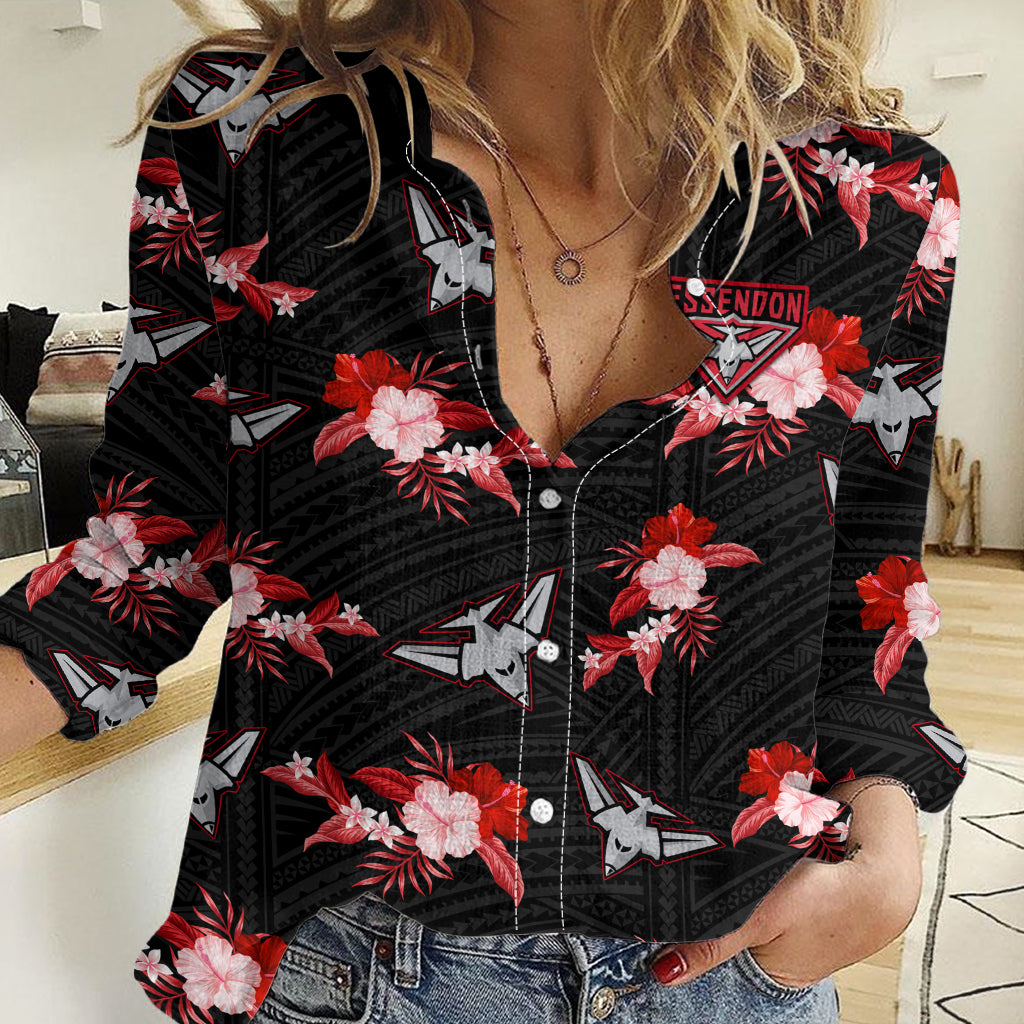 (Custom Text And Number) Essendon Football Women Casual Shirt Bombers Polynesian Tribal Mix Tropical Hawaiian Style LT14