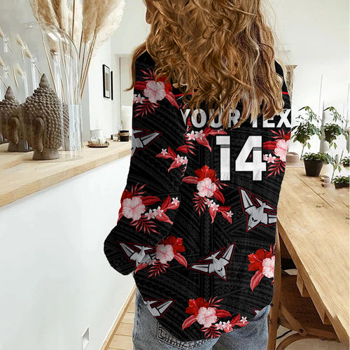 (Custom Text And Number) Essendon Football Women Casual Shirt Bombers Polynesian Tribal Mix Tropical Hawaiian Style LT14