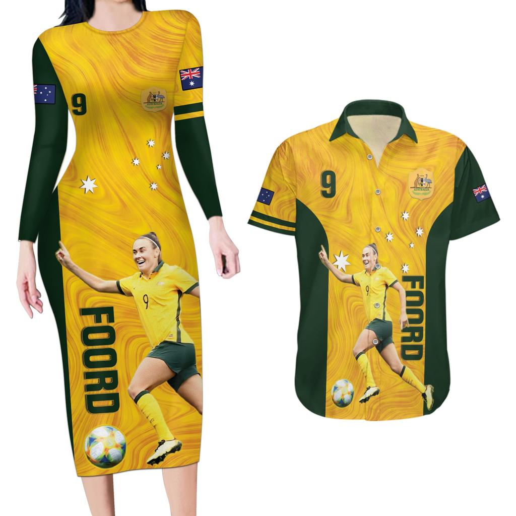 Australia Soccer Couples Matching Long Sleeve Bodycon Dress and Hawaiian Shirt Foord Matildas - Gold Marble