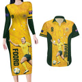 Australia Soccer Couples Matching Long Sleeve Bodycon Dress and Hawaiian Shirt Foord Matildas - Gold Marble