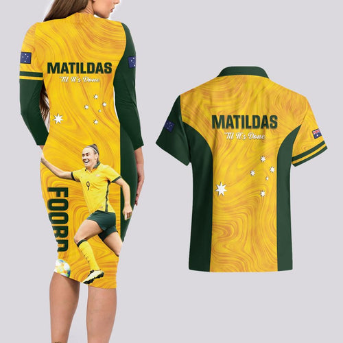 Australia Soccer Couples Matching Long Sleeve Bodycon Dress and Hawaiian Shirt Foord Matildas - Gold Marble