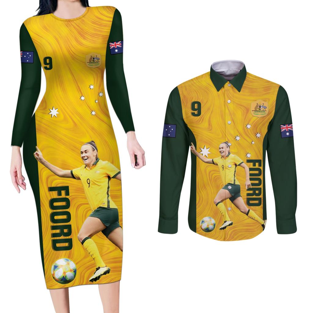 Australia Soccer Couples Matching Long Sleeve Bodycon Dress and Long Sleeve Button Shirt Foord Matildas - Gold Marble
