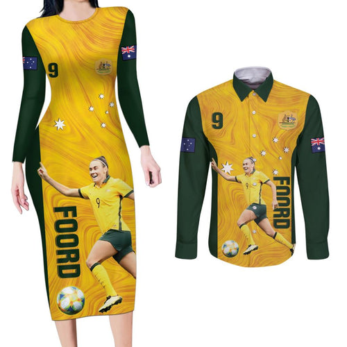 Australia Soccer Couples Matching Long Sleeve Bodycon Dress and Long Sleeve Button Shirt Foord Matildas - Gold Marble