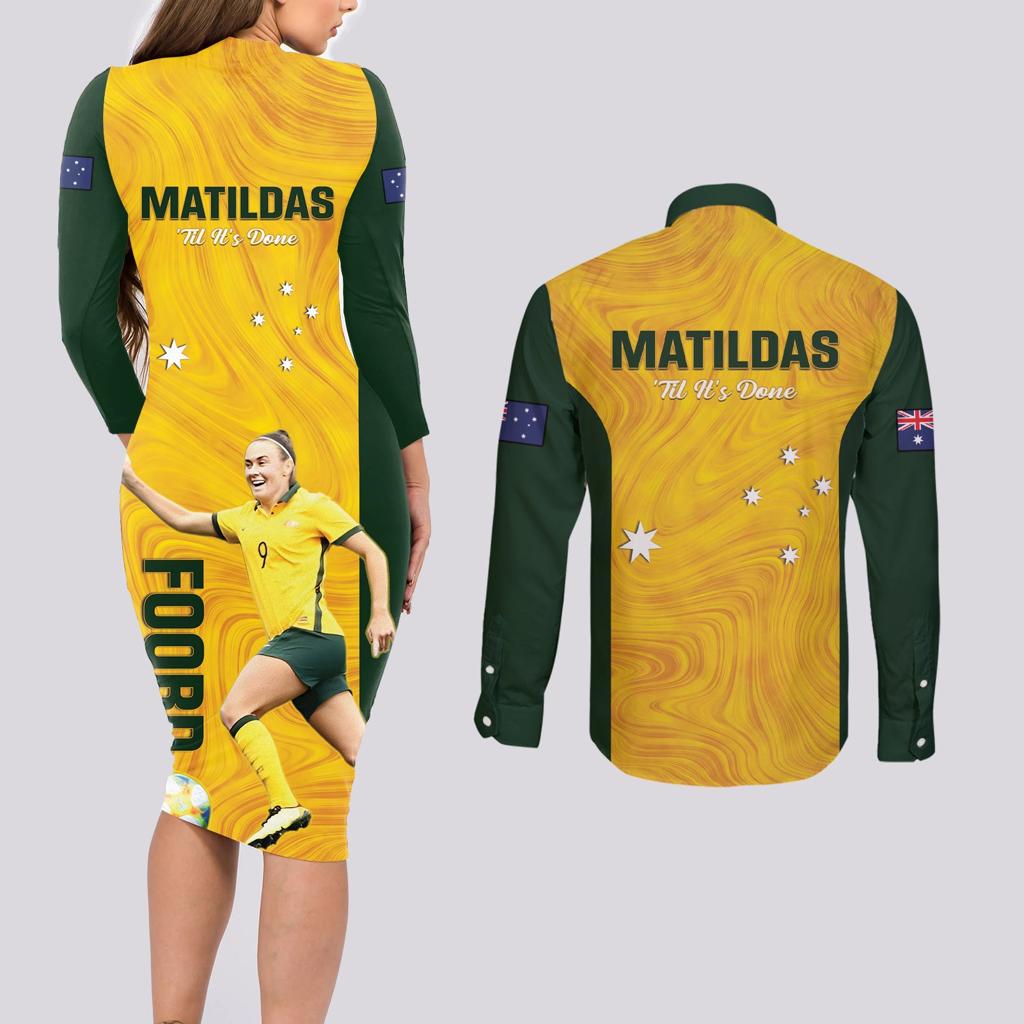 Australia Soccer Couples Matching Long Sleeve Bodycon Dress and Long Sleeve Button Shirt Foord Matildas - Gold Marble