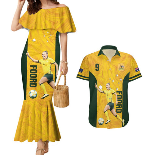 Australia Soccer Couples Matching Mermaid Dress and Hawaiian Shirt Foord Matildas - Gold Marble
