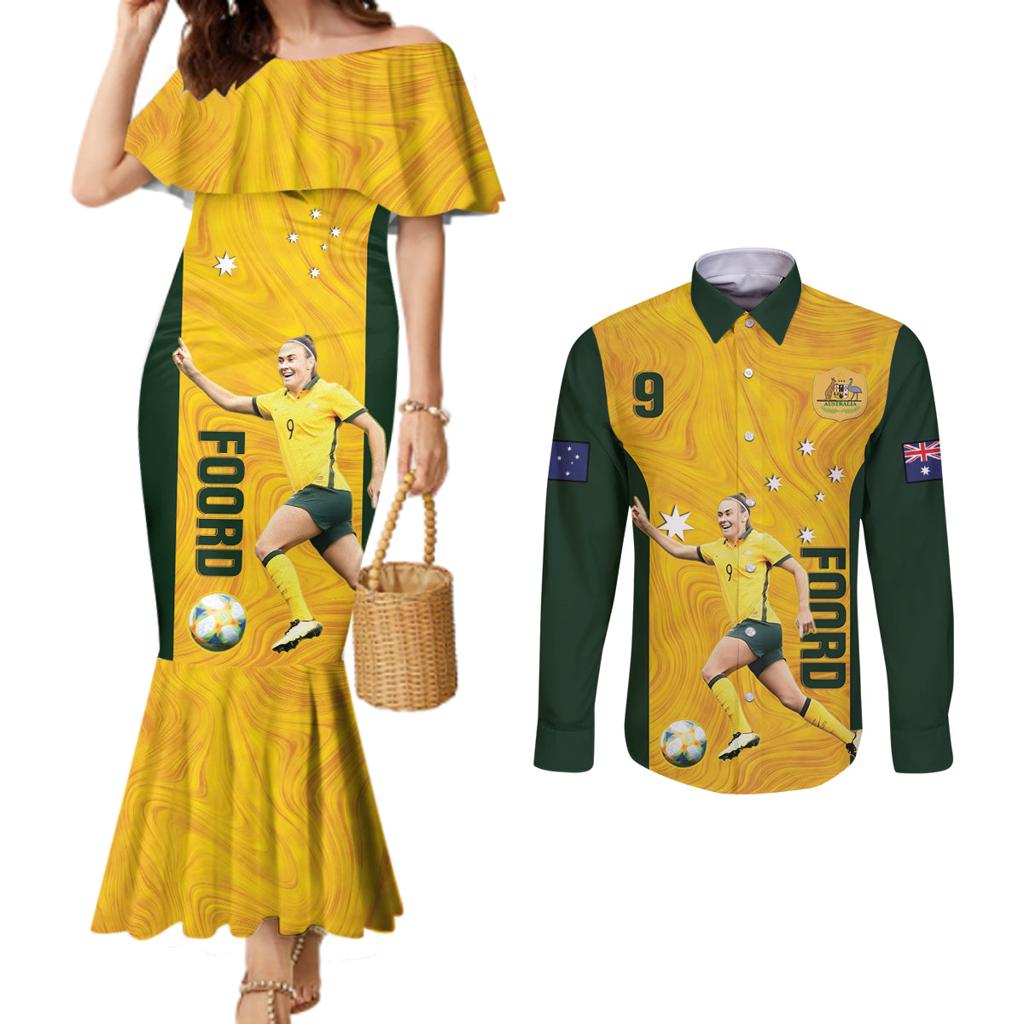 Australia Soccer Couples Matching Mermaid Dress and Long Sleeve Button Shirt Foord Matildas - Gold Marble