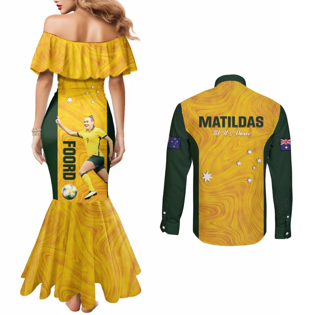 Australia Soccer Couples Matching Mermaid Dress and Long Sleeve Button Shirt Foord Matildas - Gold Marble