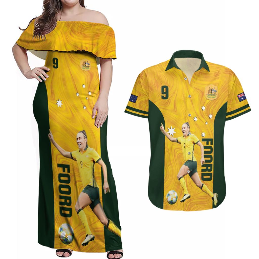 Australia Soccer Couples Matching Off Shoulder Maxi Dress and Hawaiian Shirt Foord Matildas - Gold Marble