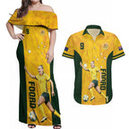 Australia Soccer Couples Matching Off Shoulder Maxi Dress and Hawaiian Shirt Foord Matildas - Gold Marble