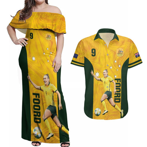 Australia Soccer Couples Matching Off Shoulder Maxi Dress and Hawaiian Shirt Foord Matildas - Gold Marble