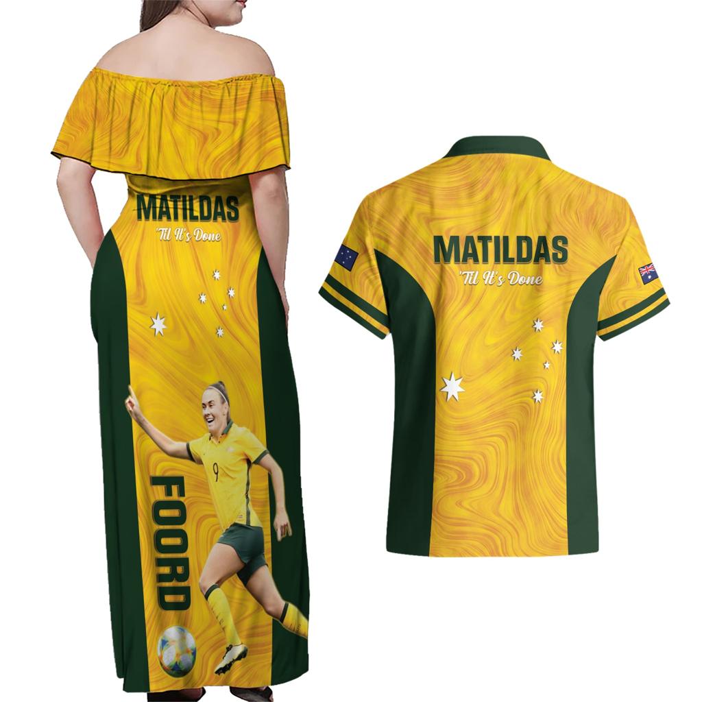 Australia Soccer Couples Matching Off Shoulder Maxi Dress and Hawaiian Shirt Foord Matildas - Gold Marble