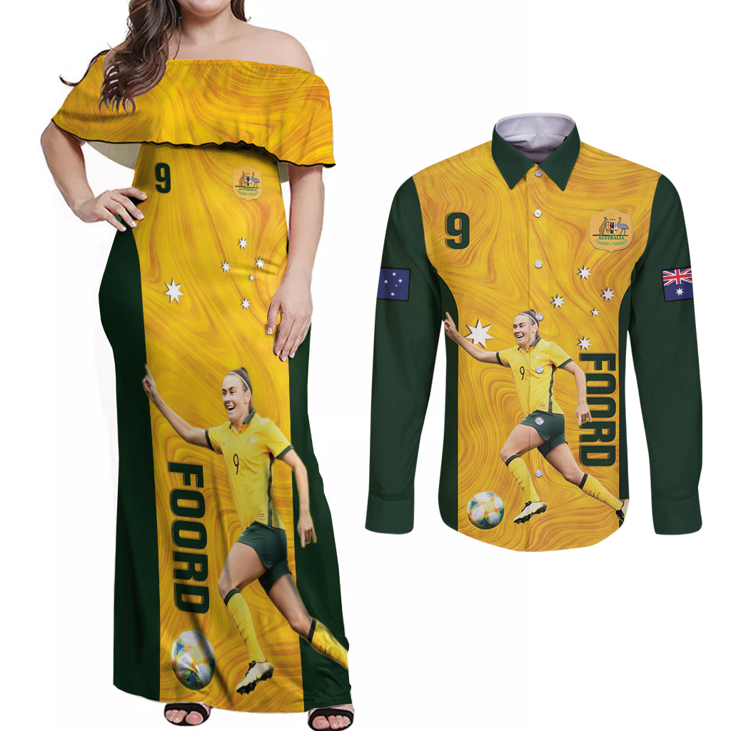Australia Soccer Couples Matching Off Shoulder Maxi Dress and Long Sleeve Button Shirt Foord Matildas - Gold Marble