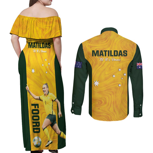Australia Soccer Couples Matching Off Shoulder Maxi Dress and Long Sleeve Button Shirt Foord Matildas - Gold Marble