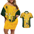 Australia Soccer Couples Matching Off Shoulder Short Dress and Hawaiian Shirt Foord Matildas - Gold Marble