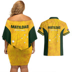Australia Soccer Couples Matching Off Shoulder Short Dress and Hawaiian Shirt Foord Matildas - Gold Marble
