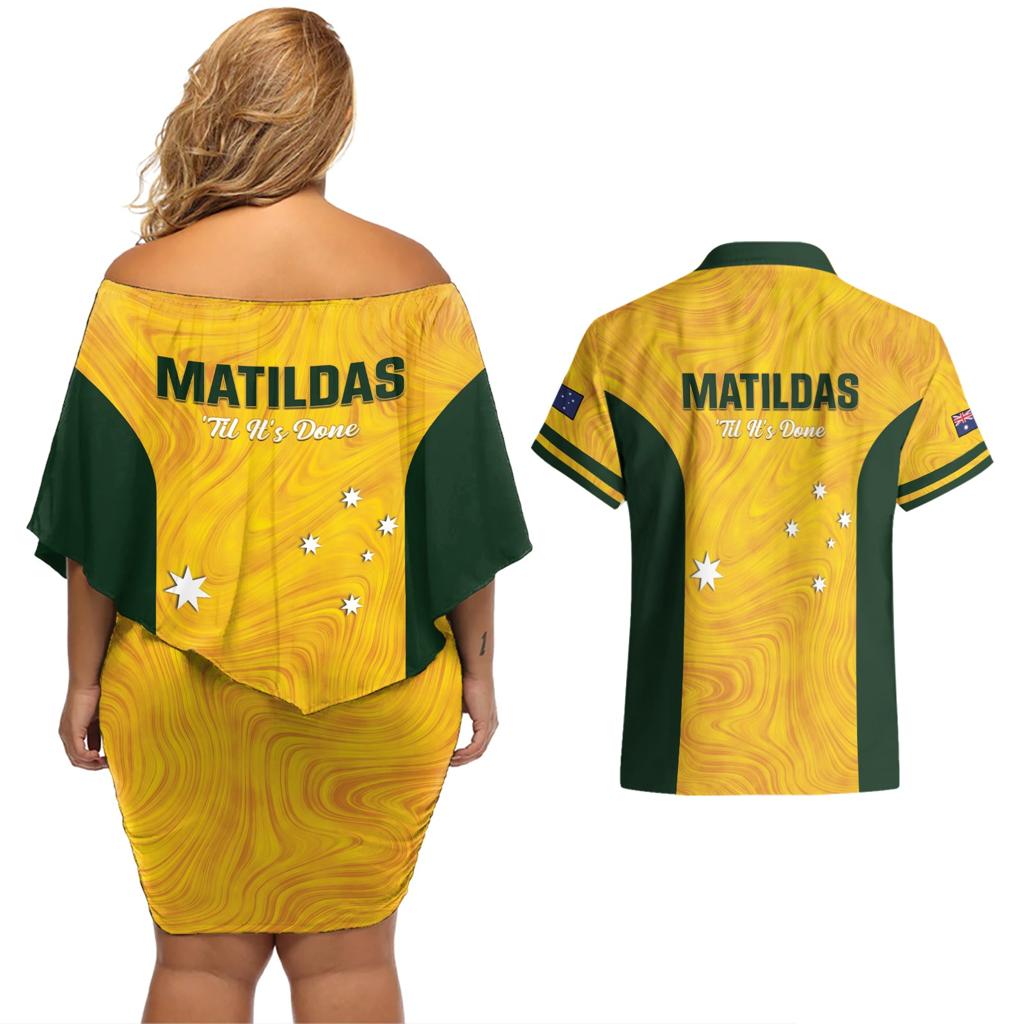 Australia Soccer Couples Matching Off Shoulder Short Dress and Hawaiian Shirt Foord Matildas - Gold Marble