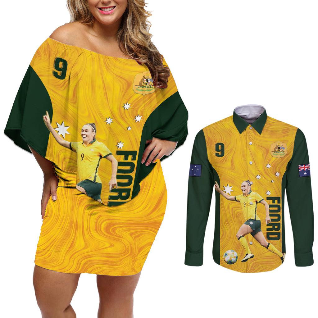 Australia Soccer Couples Matching Off Shoulder Short Dress and Long Sleeve Button Shirt Foord Matildas - Gold Marble