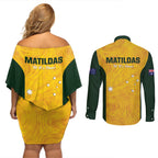 Australia Soccer Couples Matching Off Shoulder Short Dress and Long Sleeve Button Shirt Foord Matildas - Gold Marble
