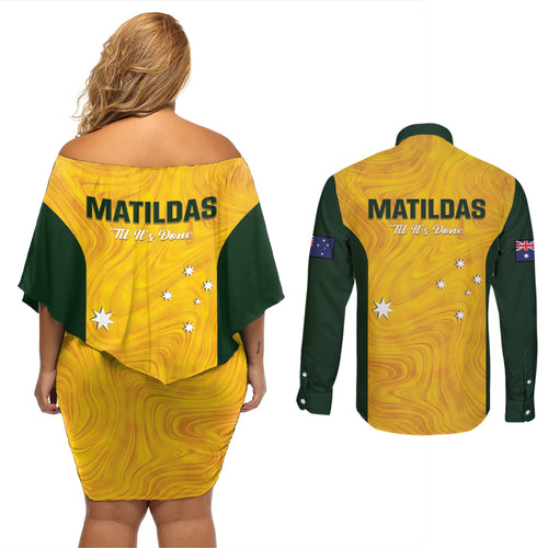 Australia Soccer Couples Matching Off Shoulder Short Dress and Long Sleeve Button Shirt Foord Matildas - Gold Marble