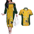 Australia Soccer Couples Matching Off The Shoulder Long Sleeve Dress and Hawaiian Shirt Foord Matildas - Gold Marble