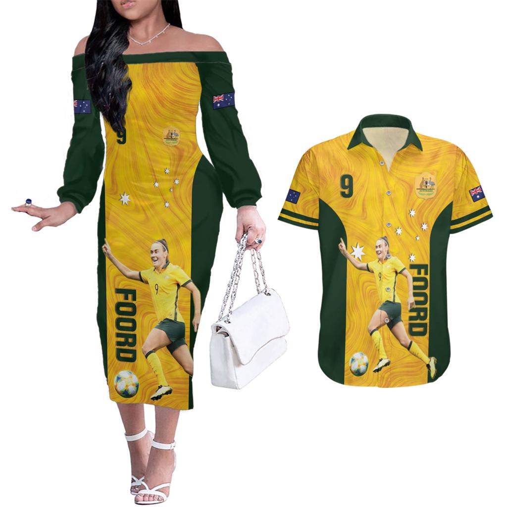 Australia Soccer Couples Matching Off The Shoulder Long Sleeve Dress and Hawaiian Shirt Foord Matildas - Gold Marble