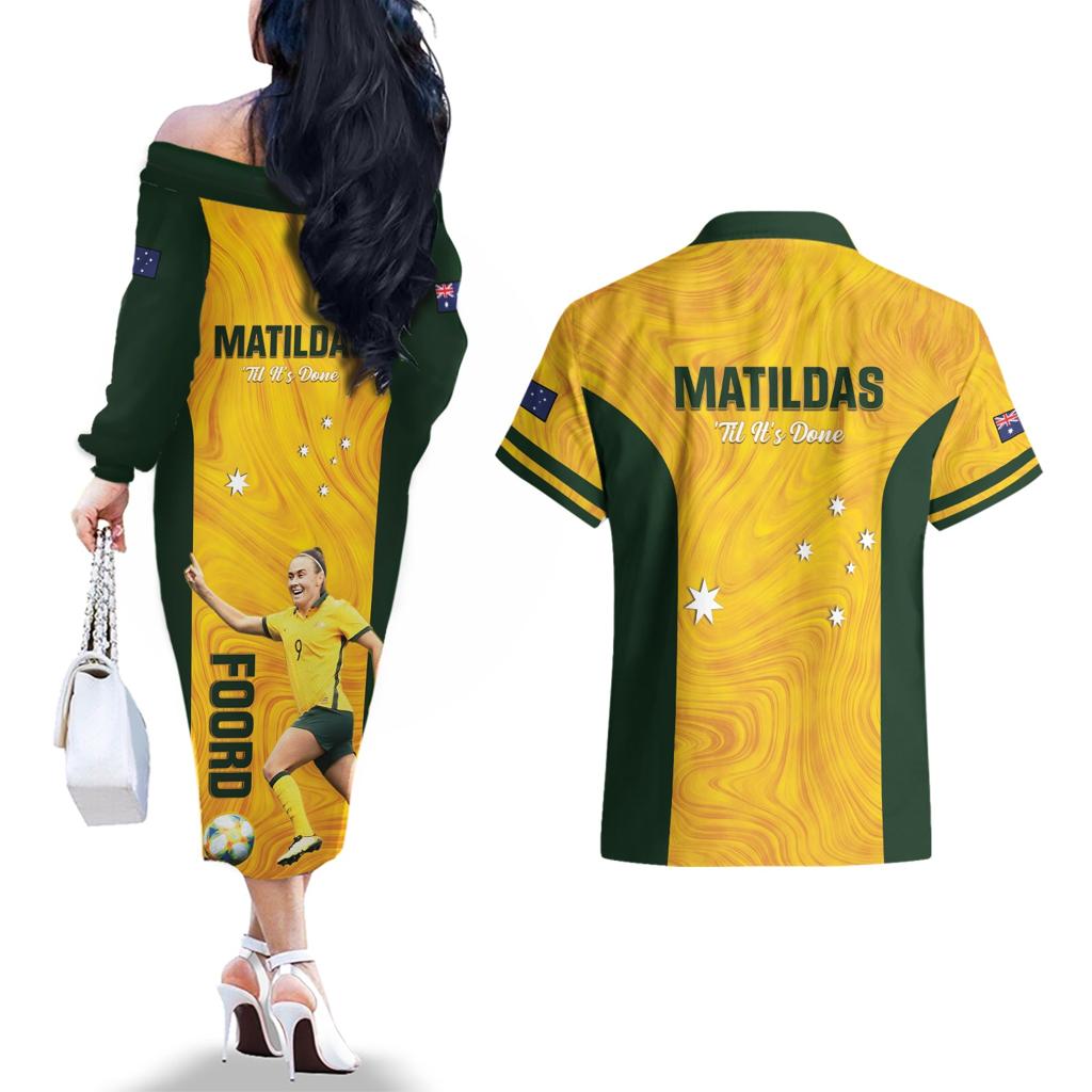 Australia Soccer Couples Matching Off The Shoulder Long Sleeve Dress and Hawaiian Shirt Foord Matildas - Gold Marble