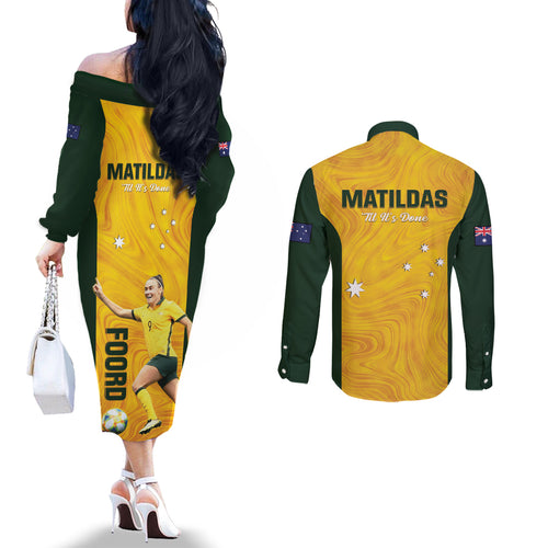 Australia Soccer Couples Matching Off The Shoulder Long Sleeve Dress and Long Sleeve Button Shirt Foord Matildas - Gold Marble