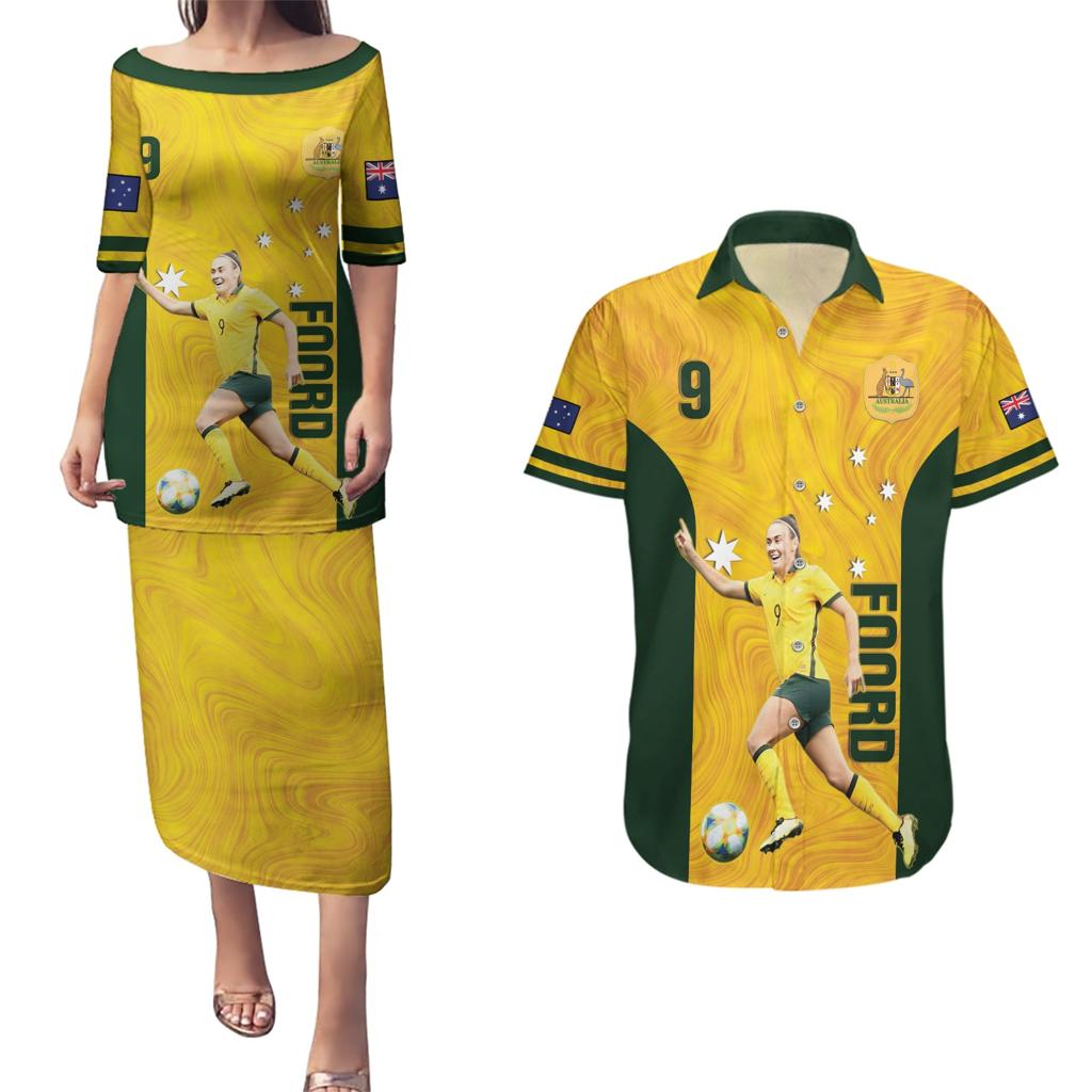 Australia Soccer Couples Matching Puletasi and Hawaiian Shirt Foord Matildas - Gold Marble