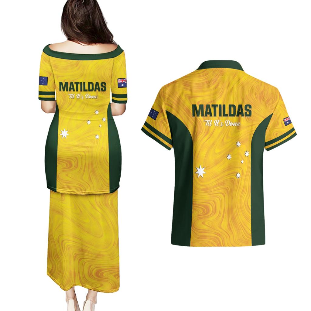 Australia Soccer Couples Matching Puletasi and Hawaiian Shirt Foord Matildas - Gold Marble