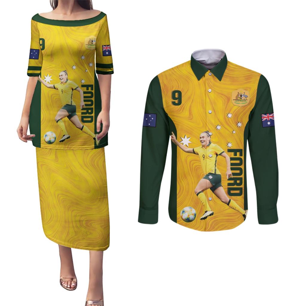 Australia Soccer Couples Matching Puletasi and Long Sleeve Button Shirt Foord Matildas - Gold Marble