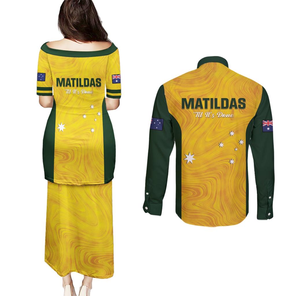Australia Soccer Couples Matching Puletasi and Long Sleeve Button Shirt Foord Matildas - Gold Marble