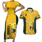 Australia Soccer Couples Matching Short Sleeve Bodycon Dress and Hawaiian Shirt Foord Matildas - Gold Marble